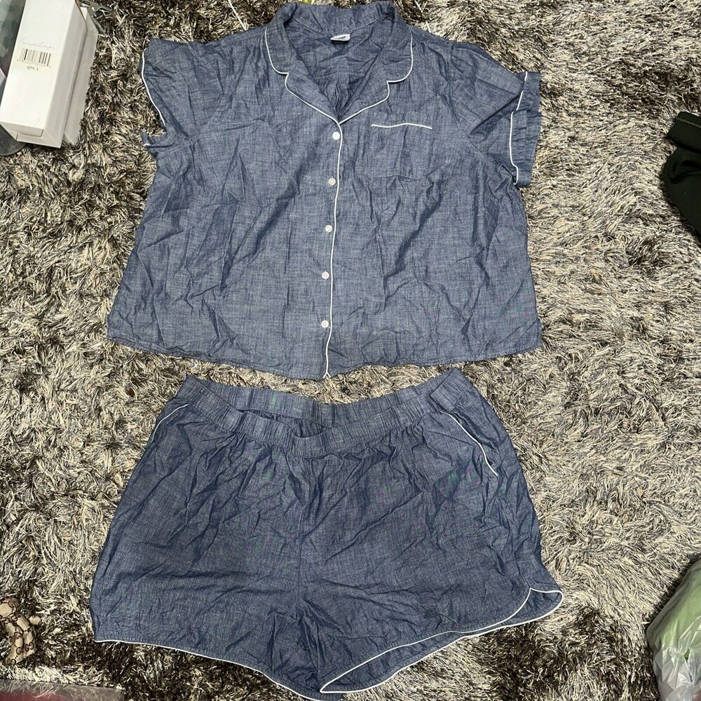 Lands' End Cotton Pajama Set Short-Sleeve Top Shorts Pockets NAVY 3X EUC